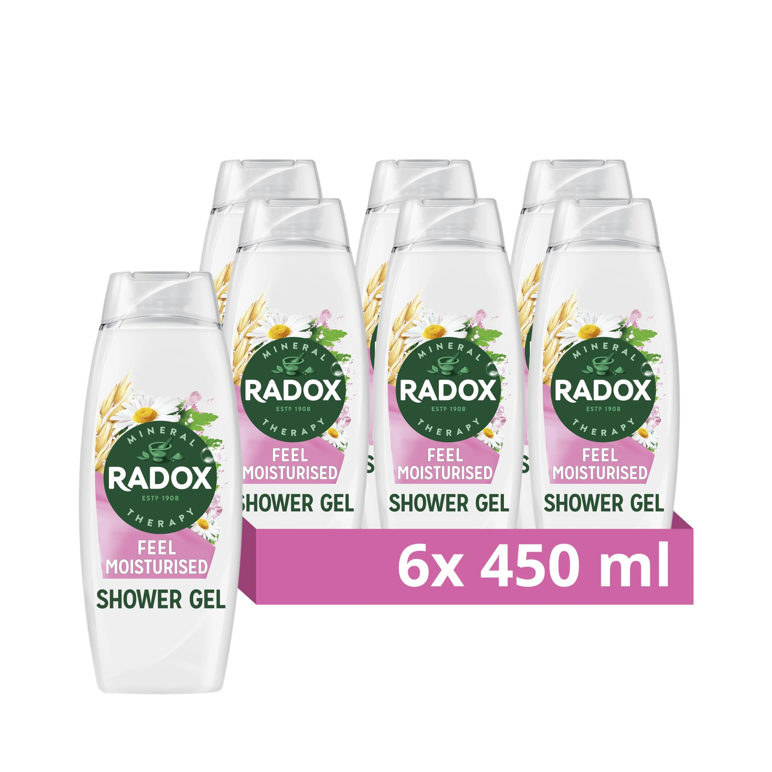Radox Mineral Therapy Feel Moisturised body wash pack of 6 shower gel with a chamomile & oat fragrance for a soothing shower experience 450 ml, White