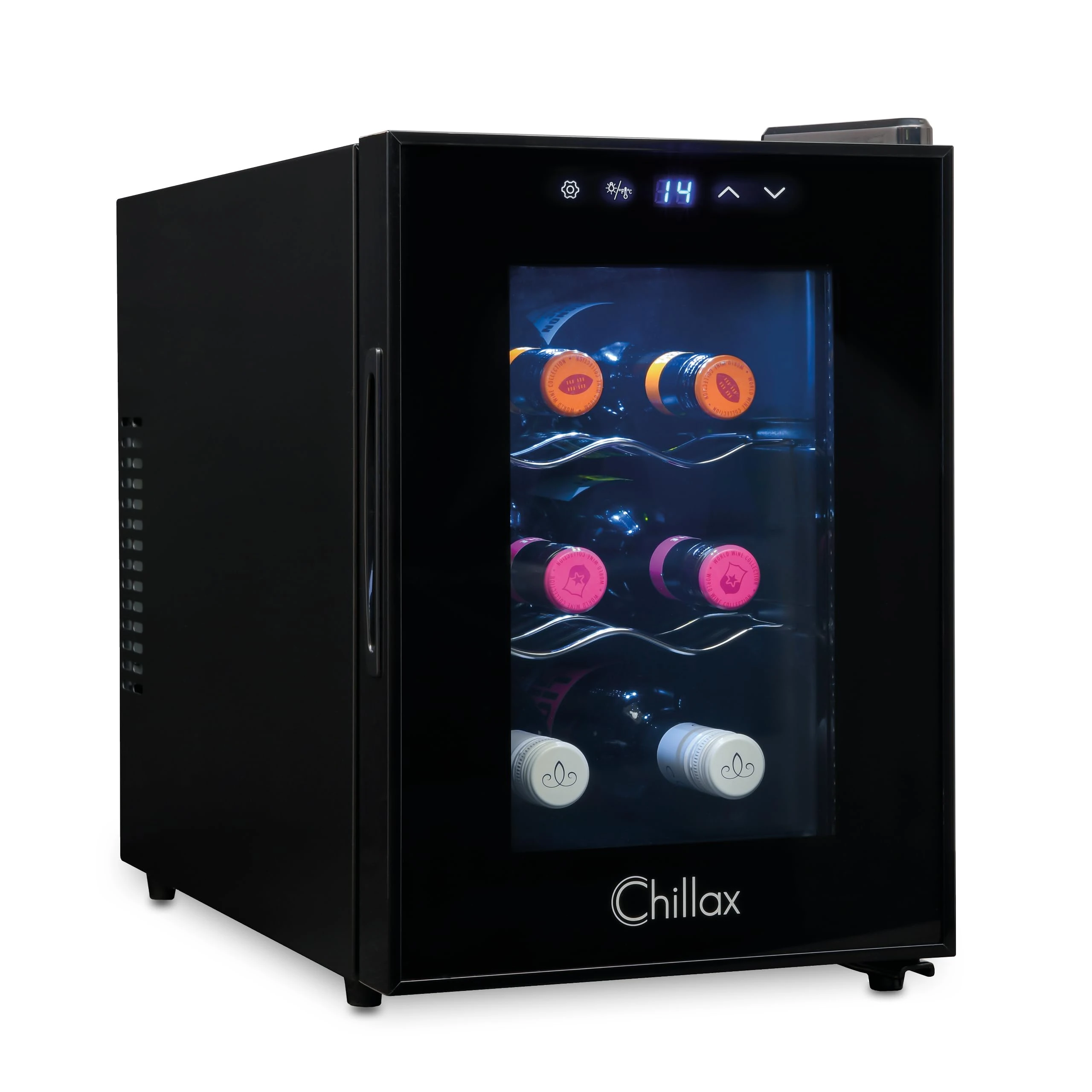 Chillax Freestanding Wine Cooler for Wine Bottles - Digital Display Wine Fridge with Glass Door - 6 Bottle Single-Zone 8-18°C Drink Cooler Fridge