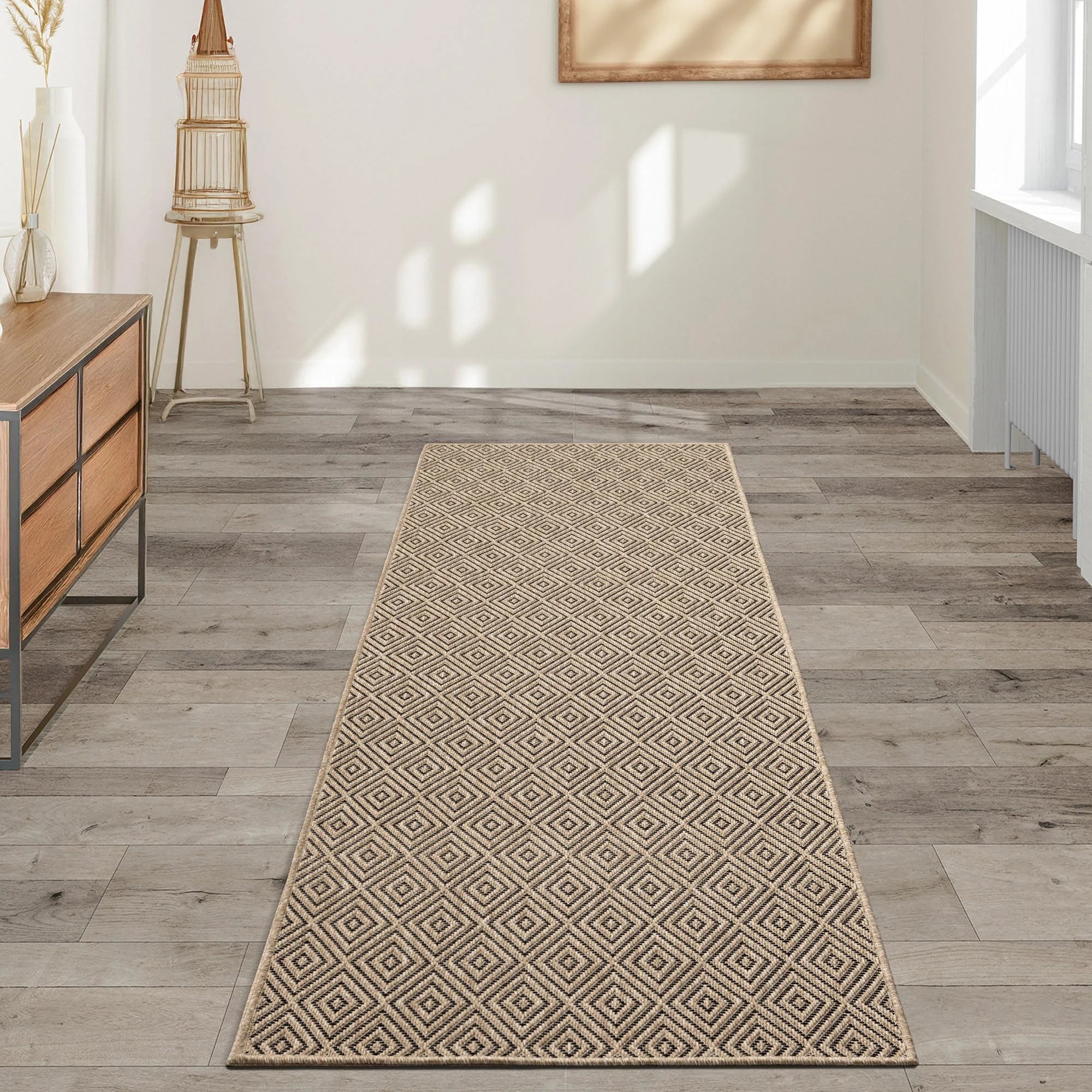 the carpet Kansas - robust indoor and outdoor carpet in natural jute look, weatherproof, suitable for patio and garden, rhombus, approx. 60 x 180 cm
