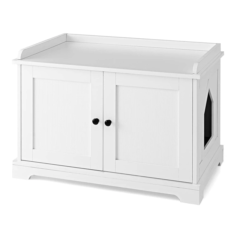 GYMAX Cat Litter Box Enclosure, Hidden Kitty Washroom Storage Cabinet with Scratching Pad and Adjustable Divider, Indoor Cat Houses End Table for Living Room, Bedroom & Hallway White