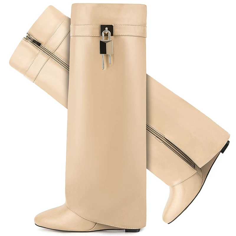 CDHYX - Women's Folding Boots Pointed Wedge Heel Side Zipper Padlock Design, Beige, 24.0 cm