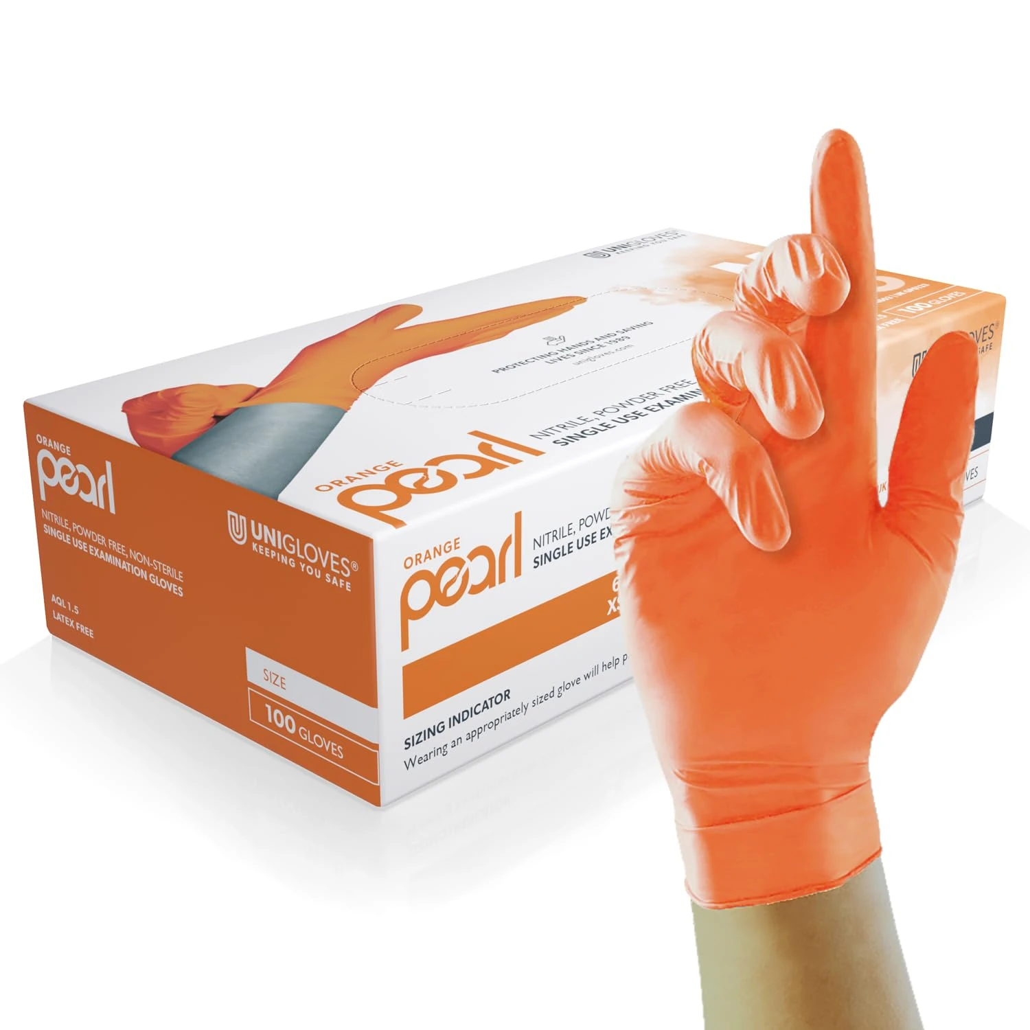 Unigloves Orange Pearl Nitrile Examination Gloves - Multipurpose, Powder Free and Latex Free Disposable Gloves - Box of 100 Gloves, Orange, Small (GP0132)