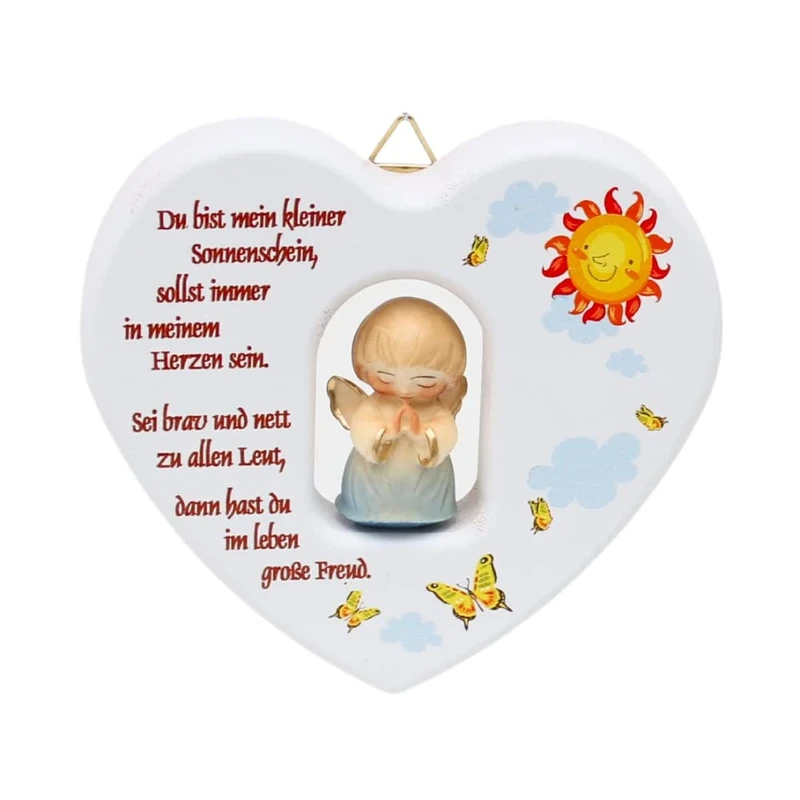Dekohelden24 Wooden Heart in White with Children's Prayer, Hand Carved Praying Angel with Blue Dress, for Hanging as a Wall Sign, Size: H/W Approx. 11 x 11 cm, Sonnenschein
