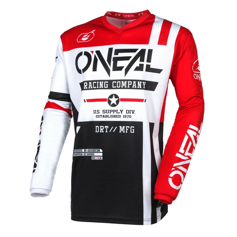 O'NEAL | Motocross Jersey Long Sleeve | MX Enduro | Padded Elbow Protection, V-Neck, Breathable | Element Jersey Warhawk V.24 | Adult | Black White Red | Size XXL