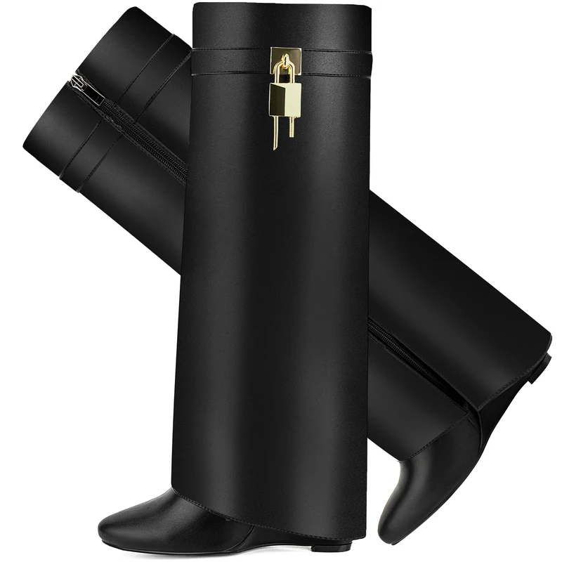CDHYX Fold Over Boots for Women Pointy Pull-on Wedge Heel Knee Shark Boot With Side Zipper Padlock Design, Black, 10.5