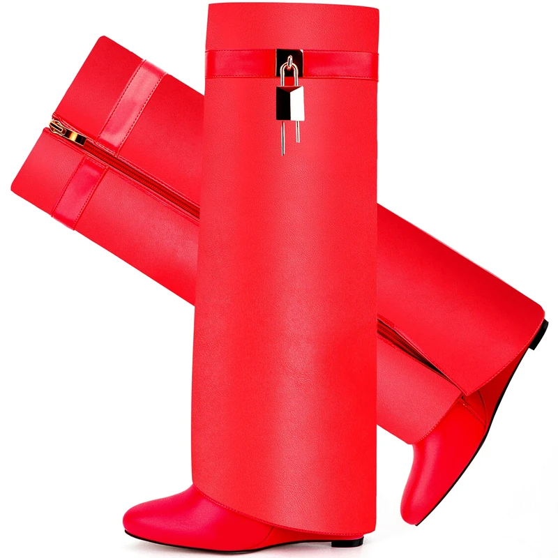 CDHYX Fold Over Boots for Women Pointy Pull-on Wedge Heel Knee Shark Boot With Side Zipper Padlock Design, Red, 8 UK