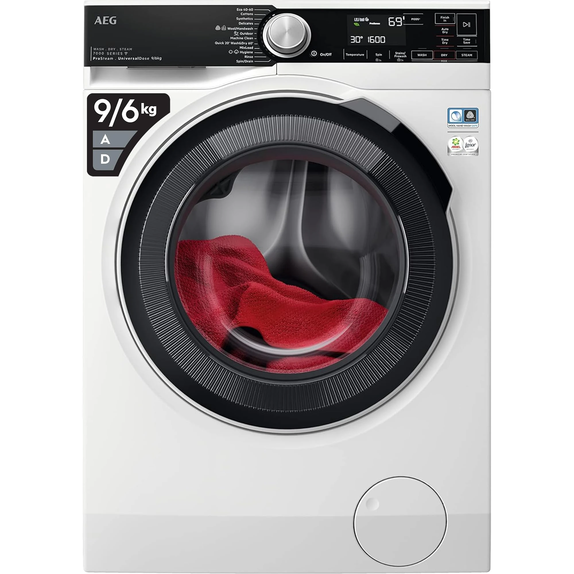 AEG 7000 Series Washer Dryer 9 kg Wash/6kg Dry Load LWR7596O5U, UniversalDose Prosteam Freestanding Washer Dryer using 96% less water, 1600rpm Spin, Energy Class A, White
