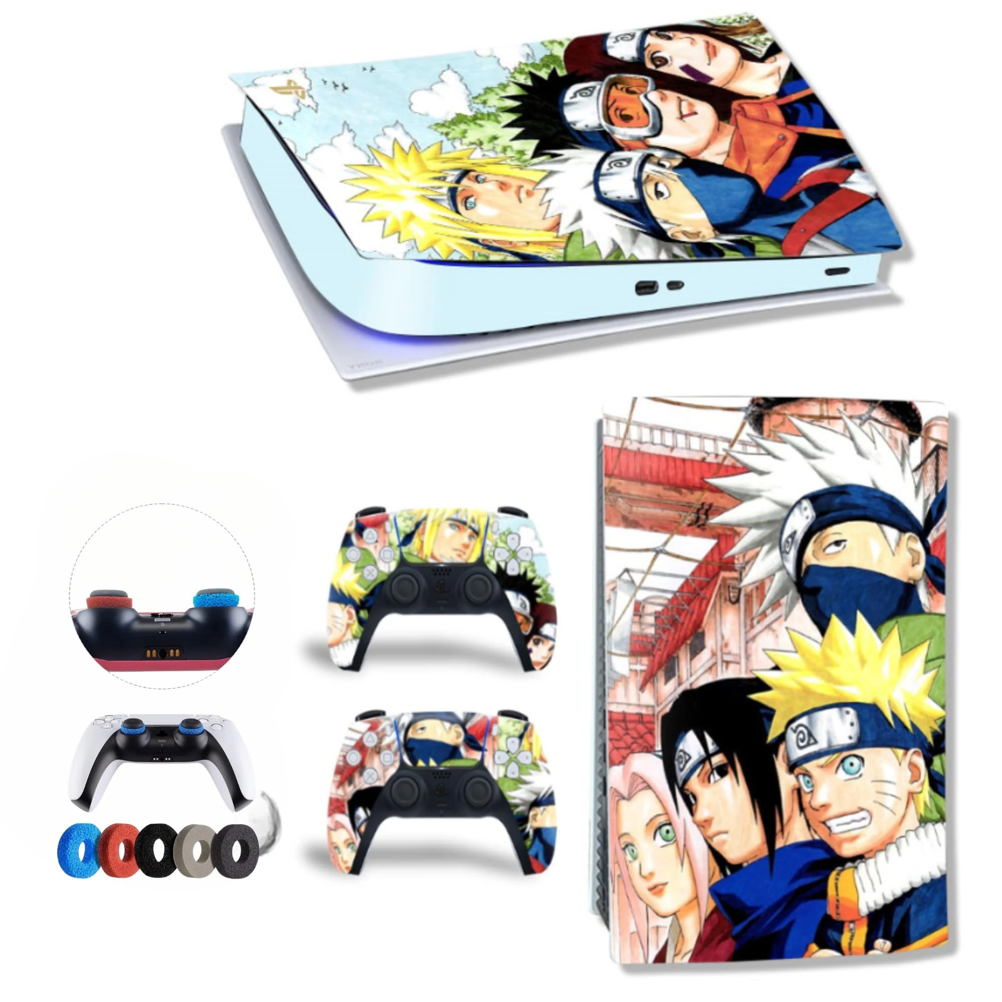 MaD Vision® Extra-Durable Vinyl Skin Set for PS5 Digital + 5 Pairs of Aiming Rings | Scratch-Resistant Sticker Kit for PlayStation 5 + 2 Controllers – for Sasuke|Naruto Design