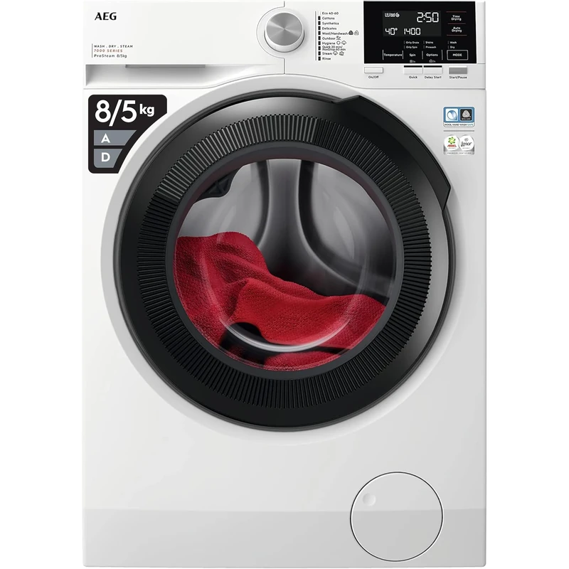 AEG 7000 Series Washer Dryer 8kg Wash/5kg Dry Load LWR7185M4B, Prosteam Freestanding Washer Dryer using 96% less water, 1400rpm Spin, Energy Class A, White