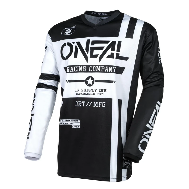 O'NEAL | Motocross Jersey Long Sleeve | MX Enduro | Padded Elbow Protection, V-Neck, Breathable | Element Jersey Warhawk V.24 | Adult | Black White | Size S