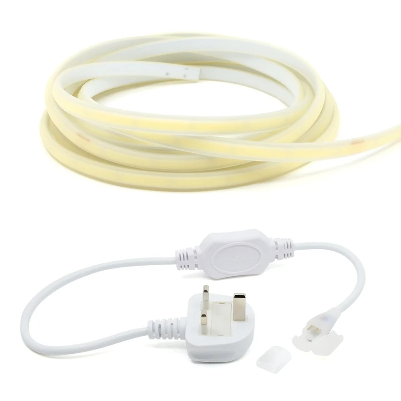 G.W.S® 7M Neutral White 4000K AC 220V-240V Seamless LED COB Strip Light with Standard UK Plug, IP65 Waterproof, Cuttable Every 50CM