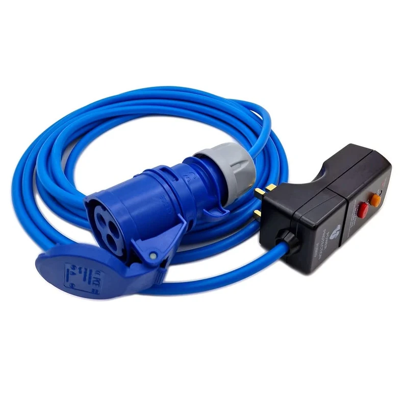 UK Made 20 Metre 13 Amp RCD Protected Plug to 16 Amp CEE Coupler Fly Lead Hook Up Cable