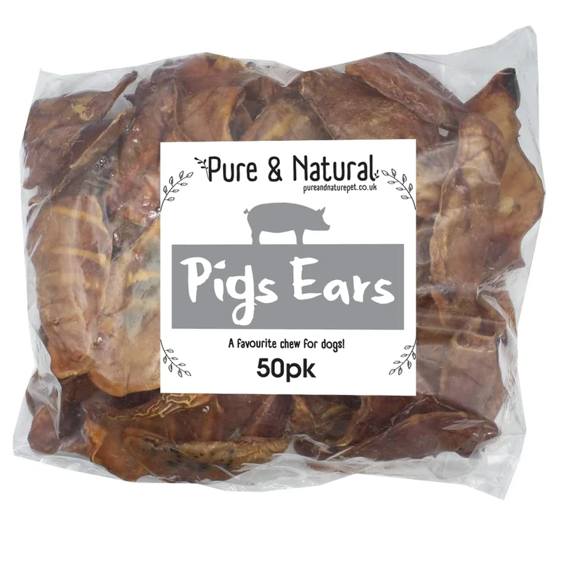Pure & Natural Pigs Ears for Dogs - 100% Natural Dog Chews, Nutritious & Healthy Dog Treats for Large Dogs to Puppes, Premium Pig Ears - 50 Pack