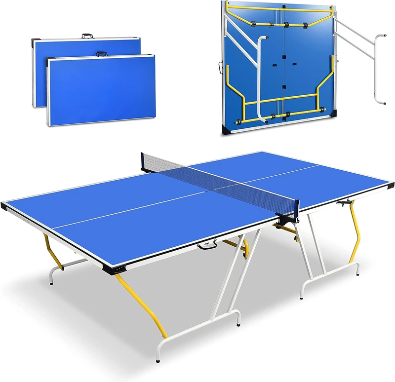 SereneLife Foldable Table Tennis Table, Medium Size, Includes Net, Clipper, Post, Foldable and Easy to Store Space-Saving Design, Blue