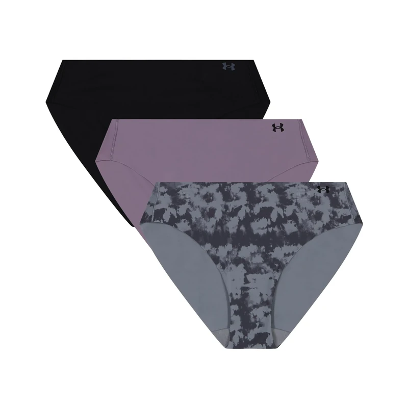 Under Armour Women's 3-Pack Pure Stretch No Show Bikini Underwear, All-Day Comfort & Ultra-Soft Fit, Violet Gray - Print, M