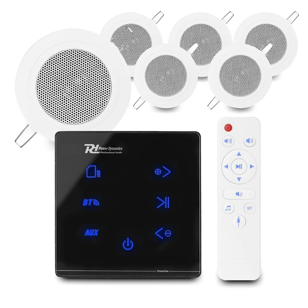 Power Dynamics A100B Bluetooth Ceiling Speaker System - Compact In-Wall Amplifier with 6x 3 CSBA3L Kitchen Ceiling Speakers, Small Home Audio Kit & Speaker Cable