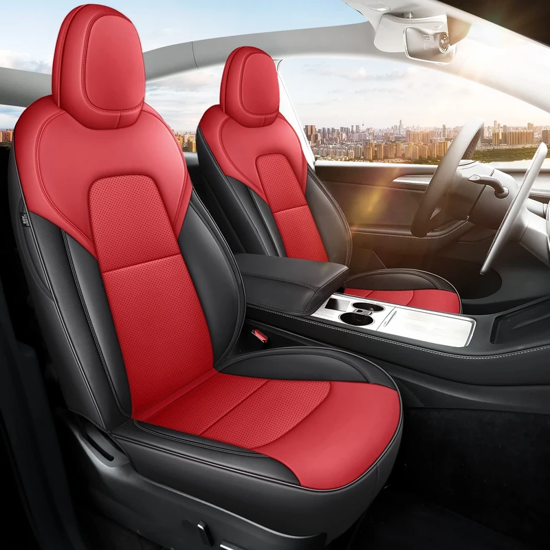 MeeKooMay Seat Cover for Tesla Model Y Red and Black Tesla Car Seat Cover 12PCS Waterproof Nappa Leather Seat Cover Fully Wrapped Customized for Tesla Model Y 2020-2024(TY-Red+Black)