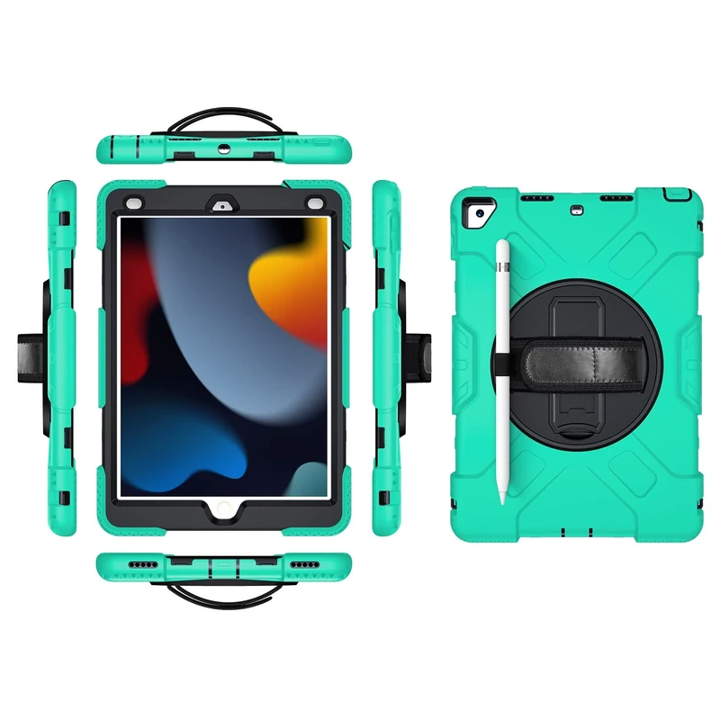 iPad Pro 12.9 2018/2020/2021 Generation Case with Screen Protector Pencil Holder Kickstand 360 Rotating Hand Strap Hand Strap Kickstand Robust Protective Case (Jade Green)