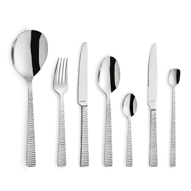 Amefa Felicity Cutlery Set for 6 People, 42 Pieces, 18/0 Stainless Steel, Hammered Handles, Knives, Steak Knives, Forks, Spoons, Serving Spoons and Teaspoons - Silver