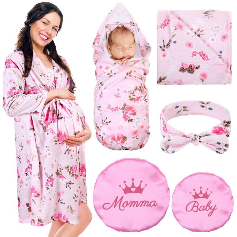 Mepase 5 Pcs Mommy and Me Robe Swaddle Headband Cap Set Including Maternity Robe Baby Blanket Headband Hat for Mom and Baby, Light Pink, X-Large
