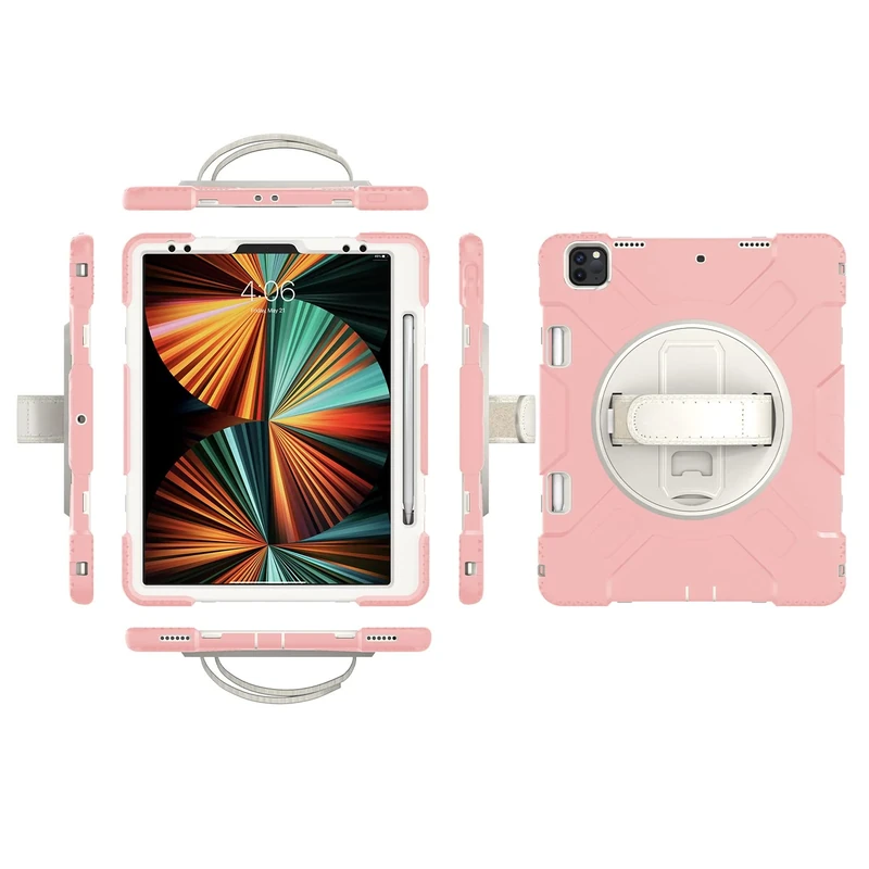 iPad Pro12.9 2018/2020/2021 Generation Case with Screen Protector Pencil Holder Kickstand Hand Strap 360 Rotating Hand Strap Stand Durable Protective Case (Rose Gold)