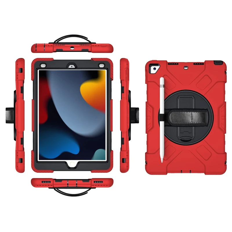 iPad Pro 12.9 2018/2020/2021 Generation Case with Screen Protector Pencil Holder Kickstand 360 Rotating Hand Strap Hand Strap Kickstand Robust Protective Case (Red)