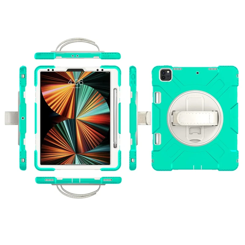 iPad Pro12.9 2018/2020/2021 Generation Case with Screen Protector Pencil Holder Kickstand Hand Strap 360 Rotating Hand Strap Stand Durable Protective Case (Emerald Green)