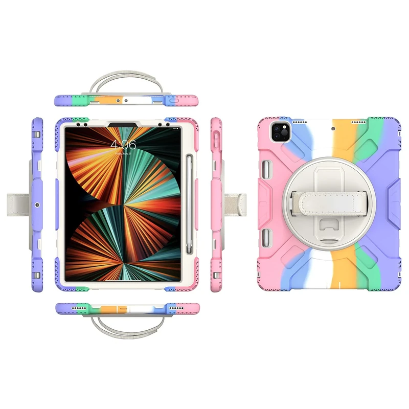 iPad Pro12.9 2018/2020/2021 Generation Case with Screen Protector Pencil Holder Kickstand Hand Strap 360 Rotating Hand Strap Stand Durable Protective Case (Light Colour)