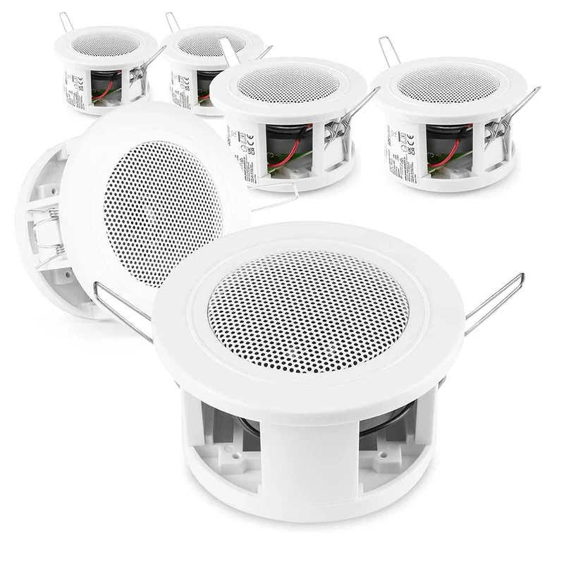 Power Dynamics CSBA3L 3" Compact Small Ceiling Speaker Set (6 Speakers) - 30W Max, 8 Ohm, Easy-Fit Low Profile Audio for Kitchens, Offices, Home Cinema Installations, White Finish