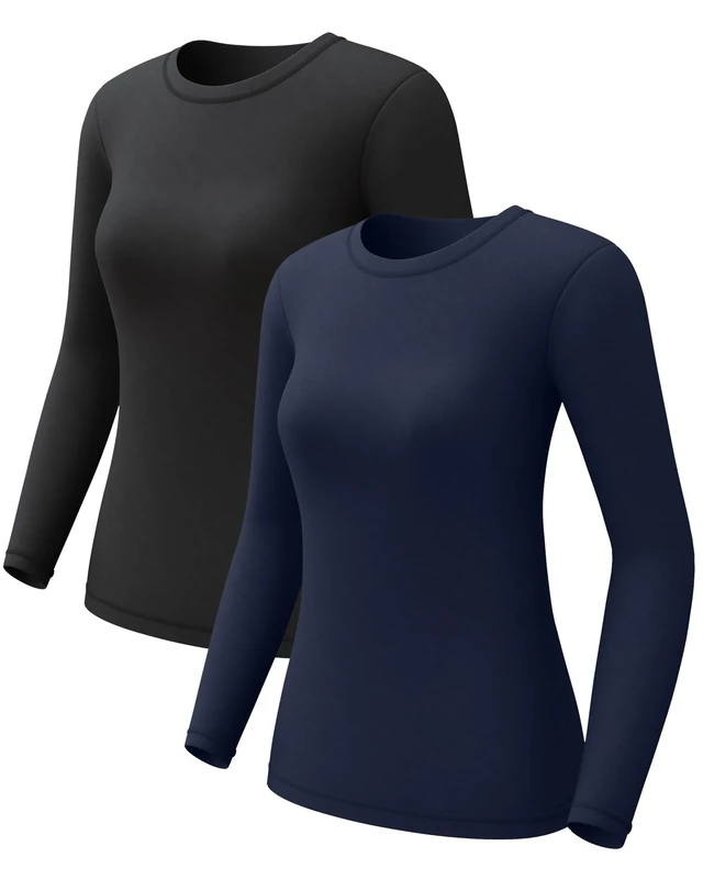 Long Sleeve Thermal Tops for Women Base Layer Ladies Vest Shirts Thermal Underwears Inner Wear Warm Ski Hiking Clothing 2pc Black-Blue M