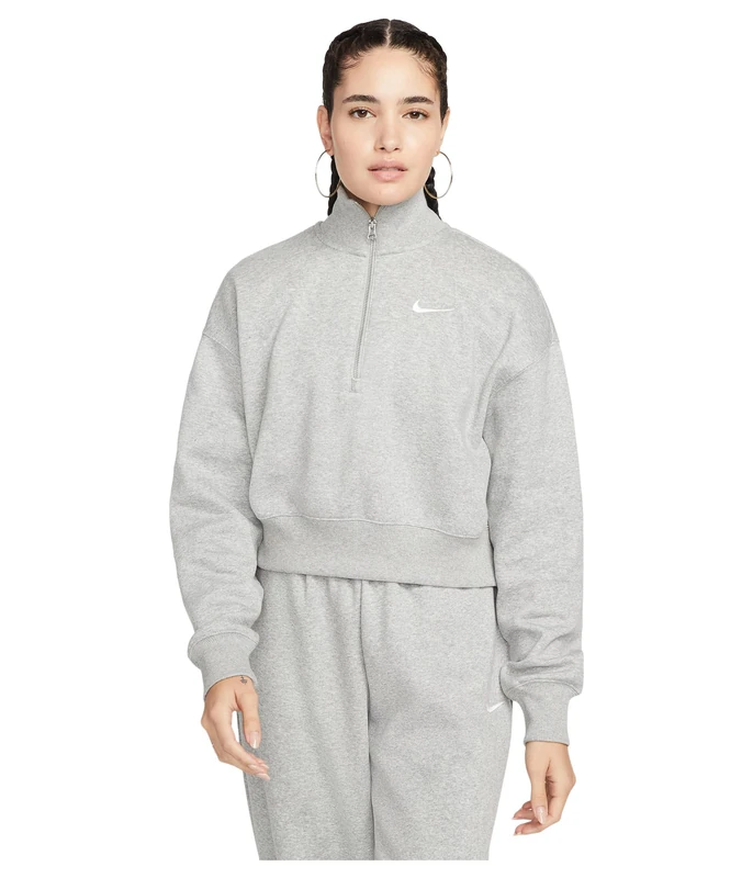 NIKE DQ5767-063 W NSW PHNX FLC QZ CROP Sweatshirt Women's DK GREY HEATHER/SAIL Size XL
