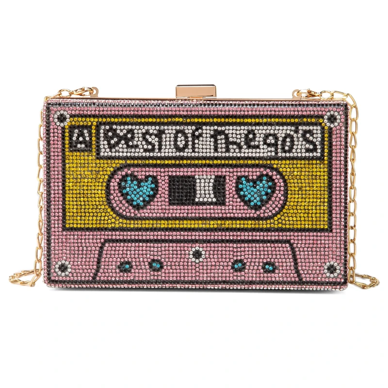 Renabro Women Retro Radio Shape Crossbody Bag Rhinestone Metal Vintage Evening Clutch Purses, 90s Pink - Image 1