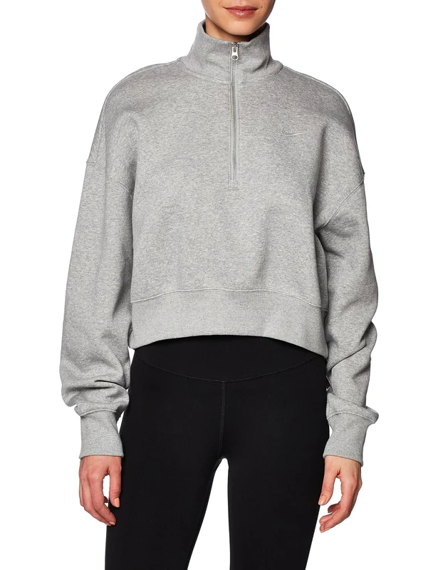 NIKE DQ5767-063 W NSW PHNX FLC QZ CROP Sweatshirt Women's DK GREY HEATHER/SAIL Size M