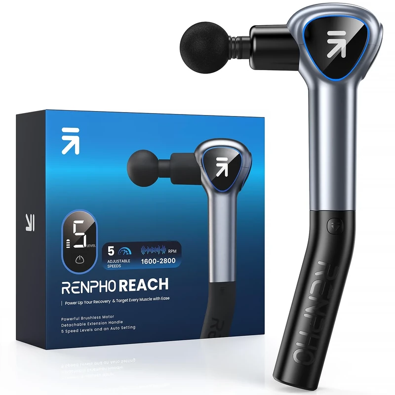 RENPHO Reach Handle Massage Gun with 5 Speed 4 Head,Mini Massage Gun with Extension Handle,Gift for Women Men,Muscle Gun Deep Tissue with 3200rpm for Home Workout Full Body Muscle Relax,Grey