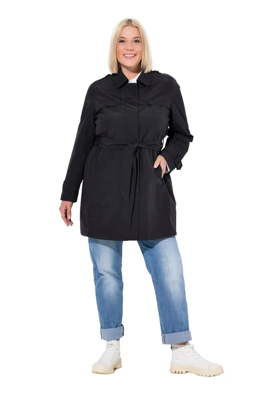 Ulla Popken Women's A-Line Shirt Collar Tie Belt Trench Coat, black, 46-48