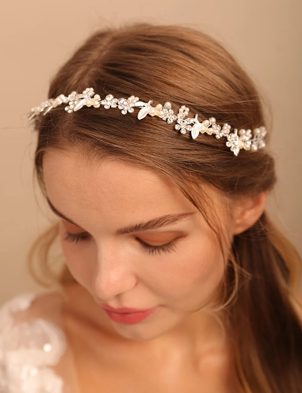 Deniferymakeup Bride Wedding Hair Vine Rhinestone Headband Silver Pearl Bridal Headpiece Leaf Hair Accessories for Women and Girls (Style 3)