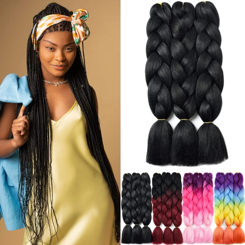 Yamel Braiding Hair Extensions Natural Black 24 Inch 3 Packs Synthetic Jumbo Braids for Crochet Twist Box Braid