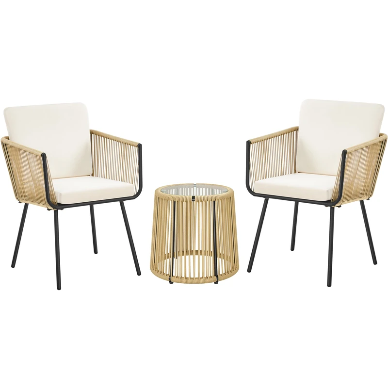 Yaheetech 3-Piece Outdoor PE Rattan Bistro Dining Set, 2 Chairs & Tempered Glass Top Coffee Side Table for Garden w/Cushions, Tan/Cream - Image 1