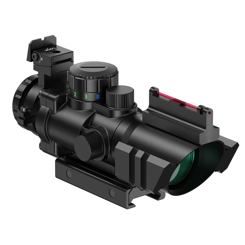 Feyachi R122 Rifle Scope, 4X32mm Red/Green/Blue Illuminated Rapid Range Reticle, Red Dot Sight with 2 Fibre Optic Sights, Airsoft Gun Scope Compatible with 20mm/22mm Picatinny Rail Mounts (classic)