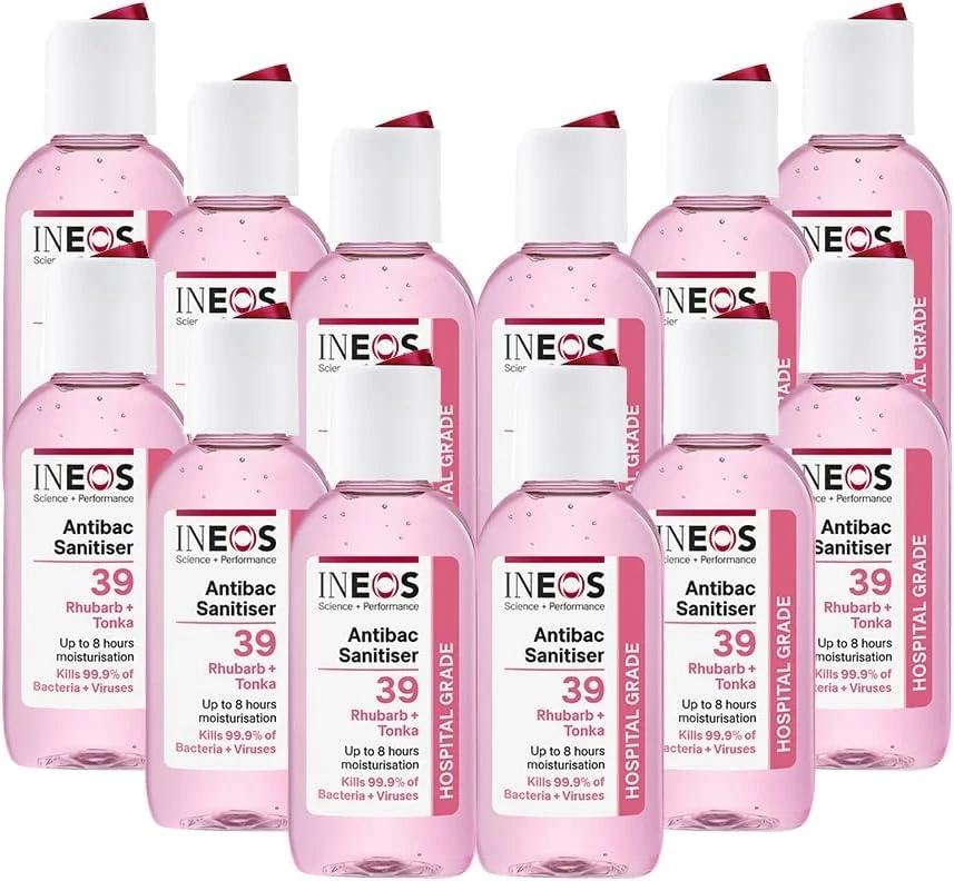INEOS Mini Antibacterial Hand Sanitiser Gel 50ml - Rhubarb & Tonka - Hospital Grade Disinfectant, Eliminates 99.9% of Viruses and Bacteria, 12 x 50ml, Travel, Holiday, and Festival Essentials