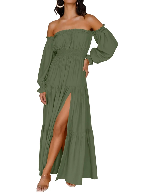 ZESICA Women's 2024 Boho Sexy Off Shoulder Long Sleeve Smocked High Waist Side Split Flowy A Line Tiered Long Maxi Dress, Olive, L
