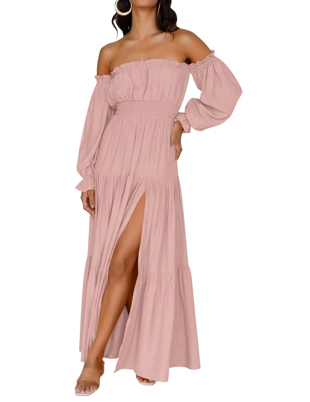 ZESICA Women's Boho Sexy Off Shoulder Long Sleeve Smocked High Waist Side Split Flowy A Line Tiered Long Maxi Dress, Pink, M