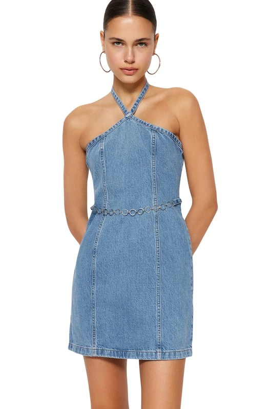 Trendyol Women's Shoulder Relaxed fit Denim Dress, Blue, 36