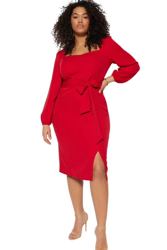 Trendyol Women Shift Relaxed fit Woven Plus Size Dress,Red,48