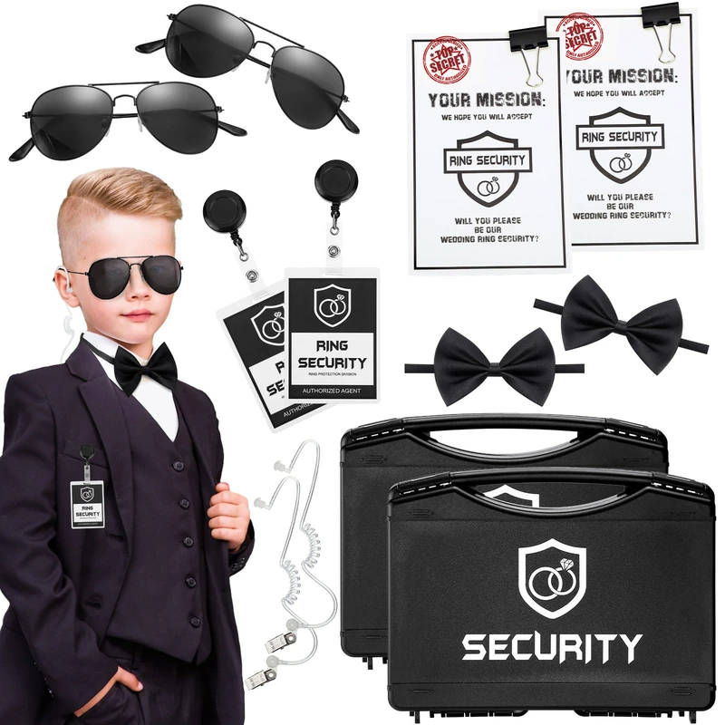 Mepase 14 Pcs Wedding Security Set Includes Ring Bearer Box, ID Badge Holder, Bearer Sunglasses, Acoustic Earpiece Tube, Mission Card with Binder Clip, Bow Tie for Kids (PP Plastic Suitcase)