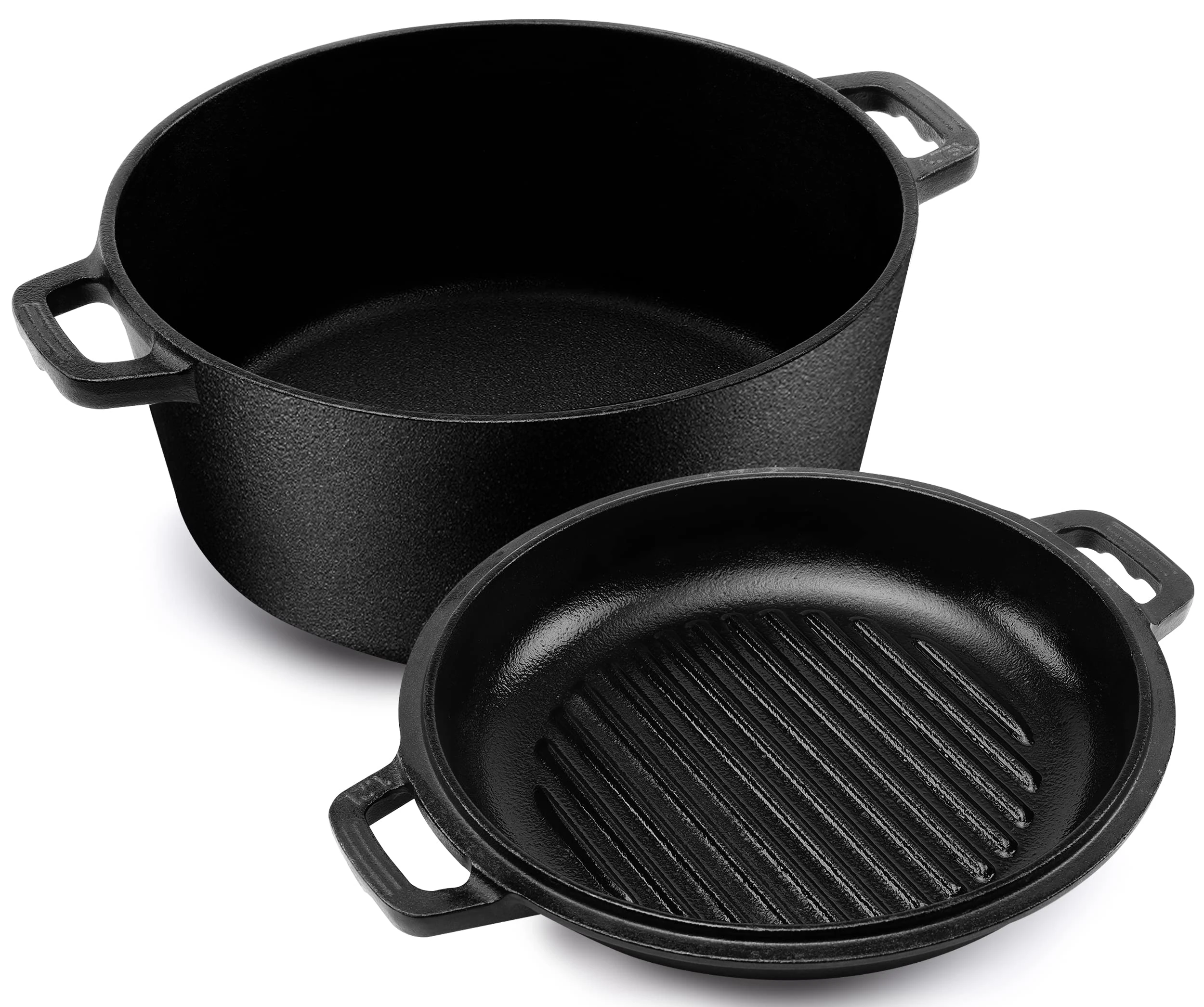 KICHLY 4.7L/5.0 Quart Pre Seasoned Cast Iron Pan, Dutch Oven with Lid, Dual Function Griddle Pan, 10.6 Inch (27 cm), Casted Pot with lid, Casserole Dish with Lid