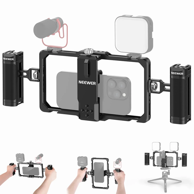 NEEWER Upgraded Phone Rig Vlogging Kit, Video Stabilizer with Dual Handle, Wireless Mic Clip Slot for Tiktok/YouTube, Compatible with SmallRig iPhone 16 15 14 Pro Max Plus 13 Galaxy S23, PA009