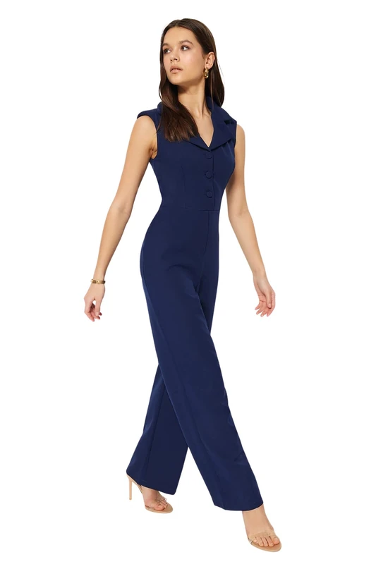 Trendyol Women's Plain Woven Jumpsuit Overalls, Navy Blue, 10