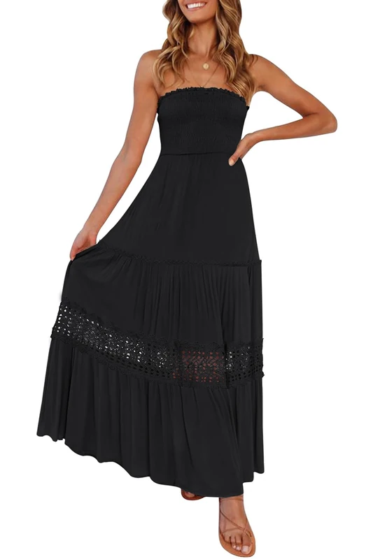ZESICA Women's 2024 Summer Bohemian Strapless Off Shoulder Lace Trim Backless Flowy A Line Beach Long Maxi Dress, Black, XS