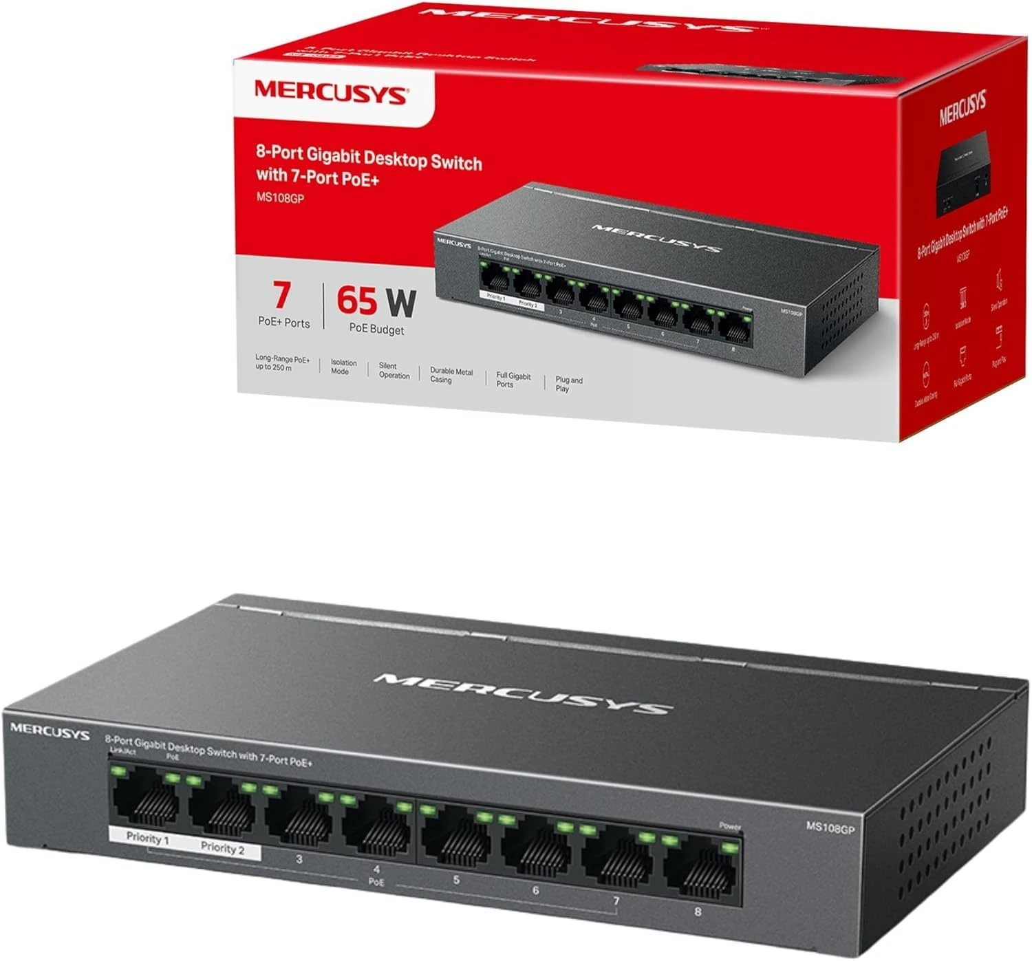 MERCUSYS MS108GP 8-Port Gigabit Desktop PoE Switch with 7-Port PoE+, 250m Long Range Ethernet Splitter Extender, Compatible with 802.3af/at PDs, up to 65W, Power Management, Isolation Mode, Metal Case